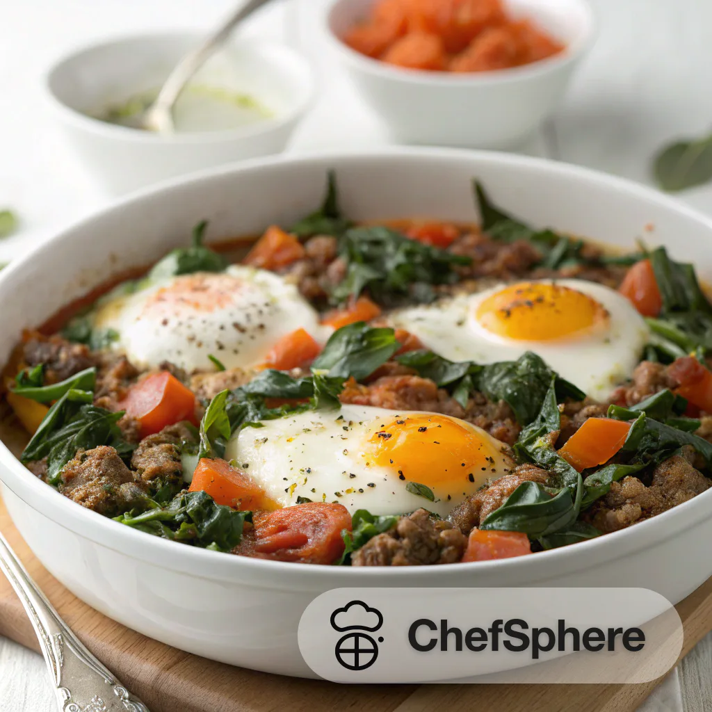 Tangy Meat Baked Eggs with Greens