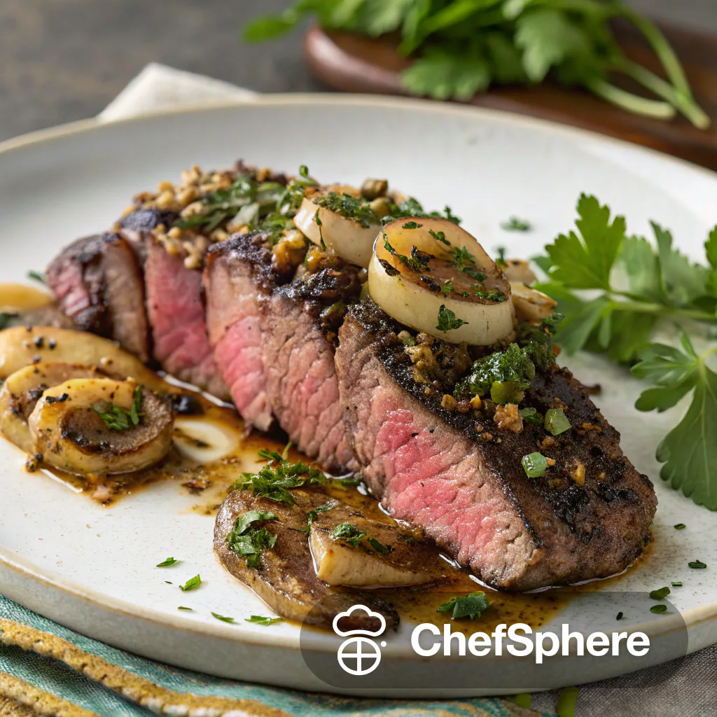 Herb-Crusted Bavette with Caramelized Onions