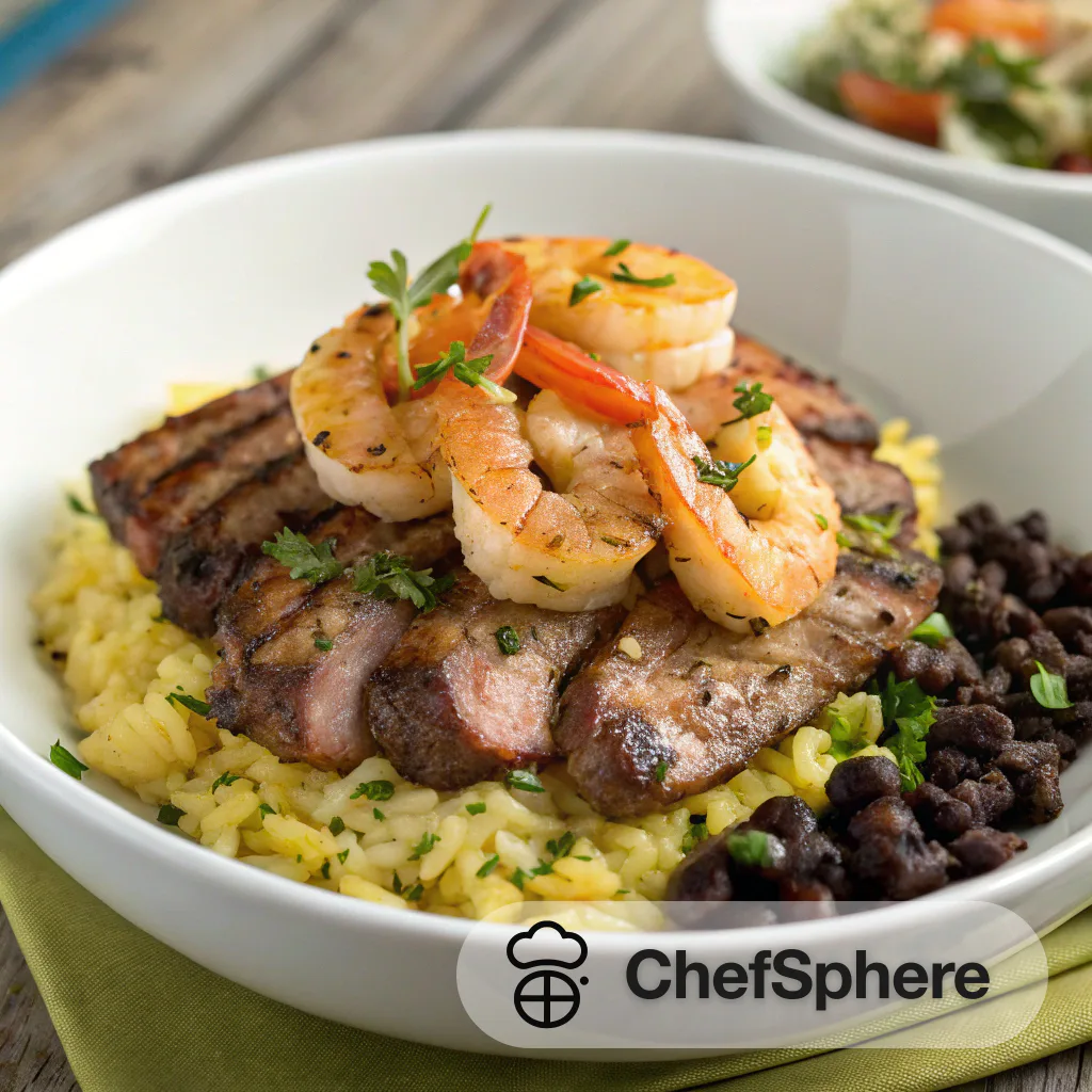 Garlic Shrimp Plantain Steak Rice Bowl