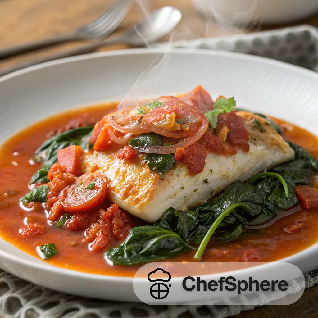 Spicy Tomato Poached Fish with Spinach