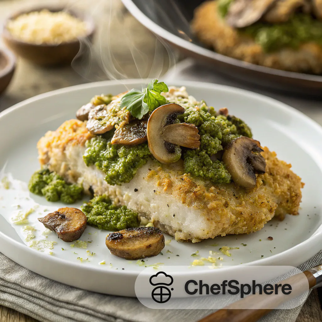 Pesto Mushroom Crispy Chicken Bake