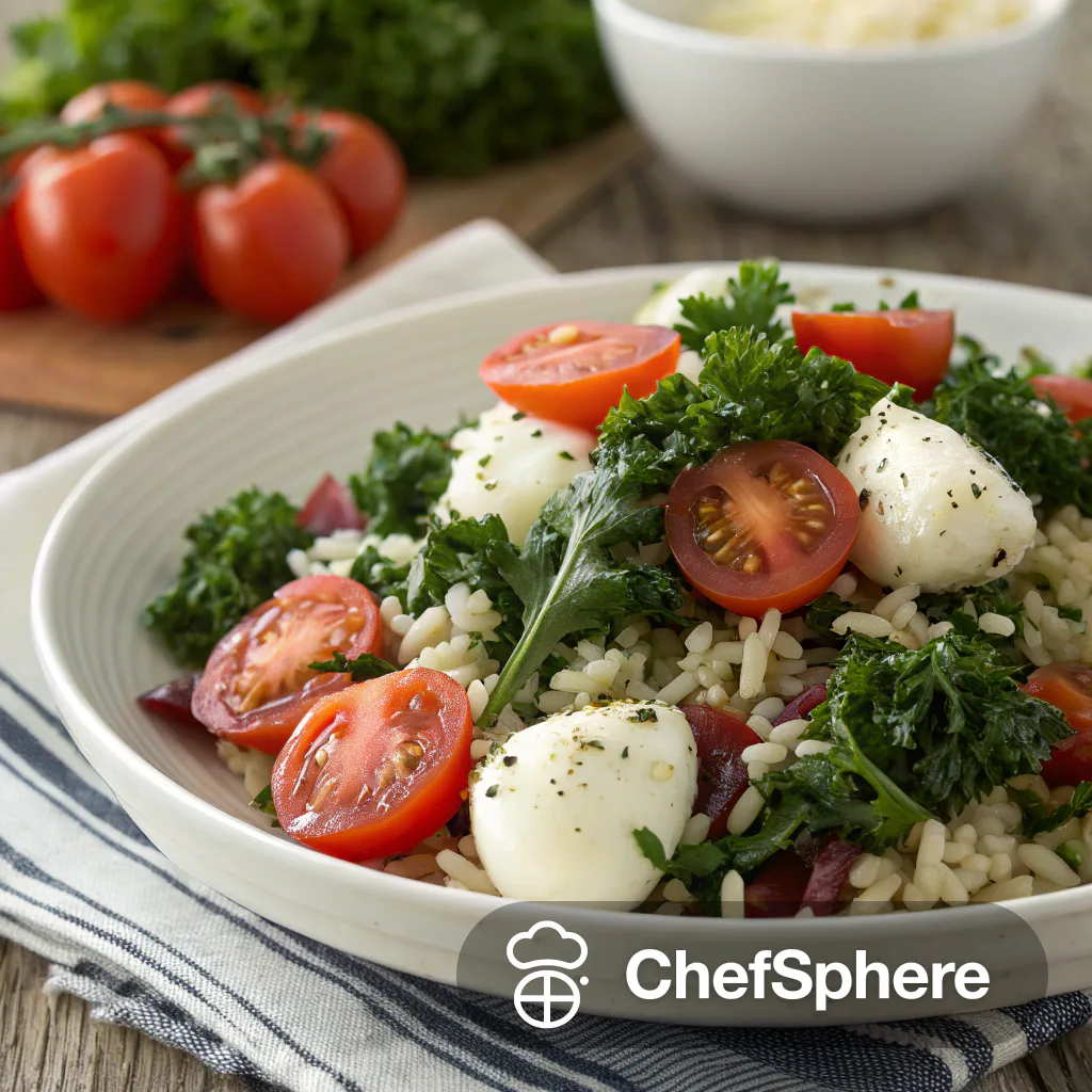 Creamy Kale Tomato Mozzarella Rice Salad