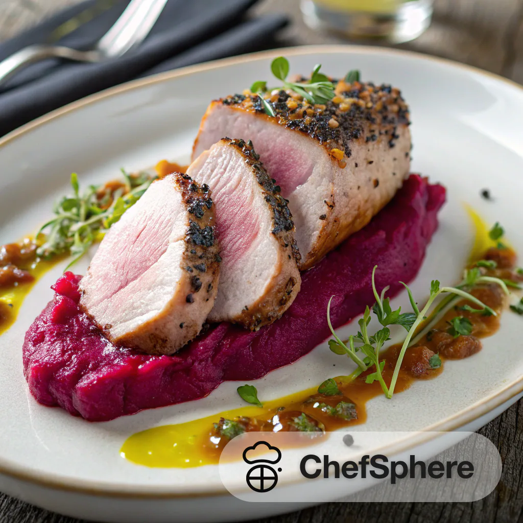 Peppered Pork with Beet Leek Puree
