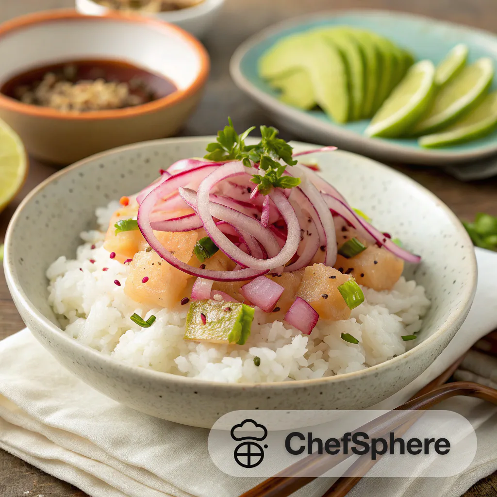 Coconut Rice Fluke Poke with Pickled