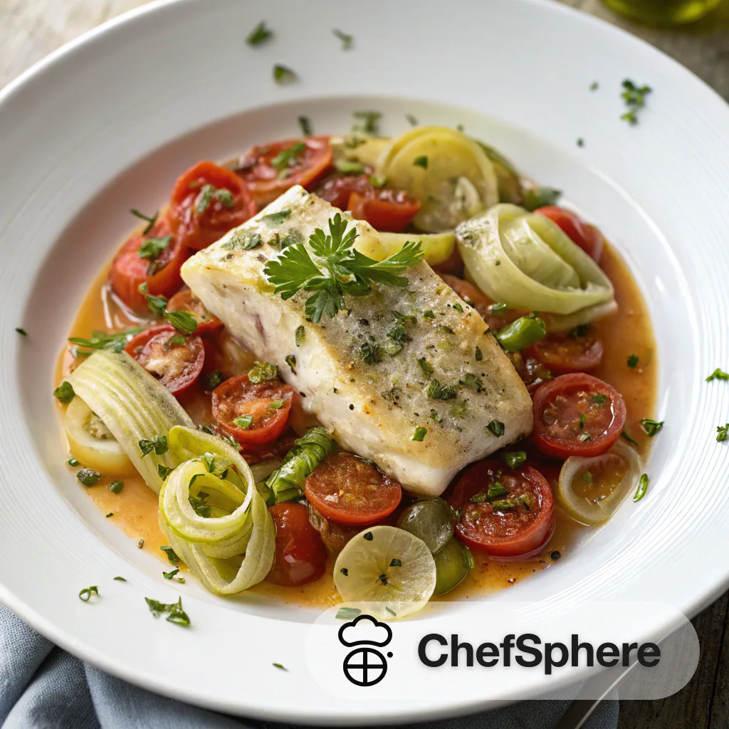 Cod with Leeks and Tomatoes Stew