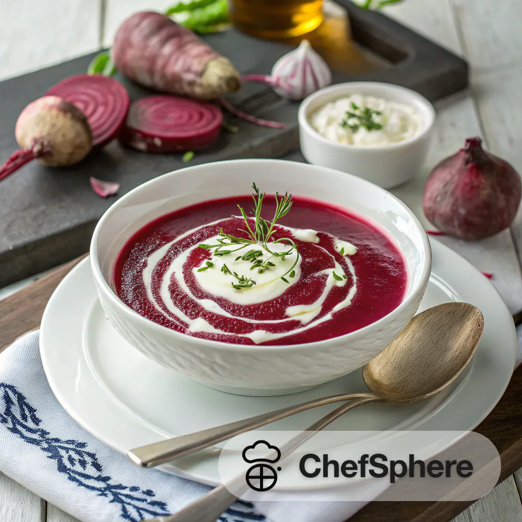Beet Soup with Horseradish Cream Swirl